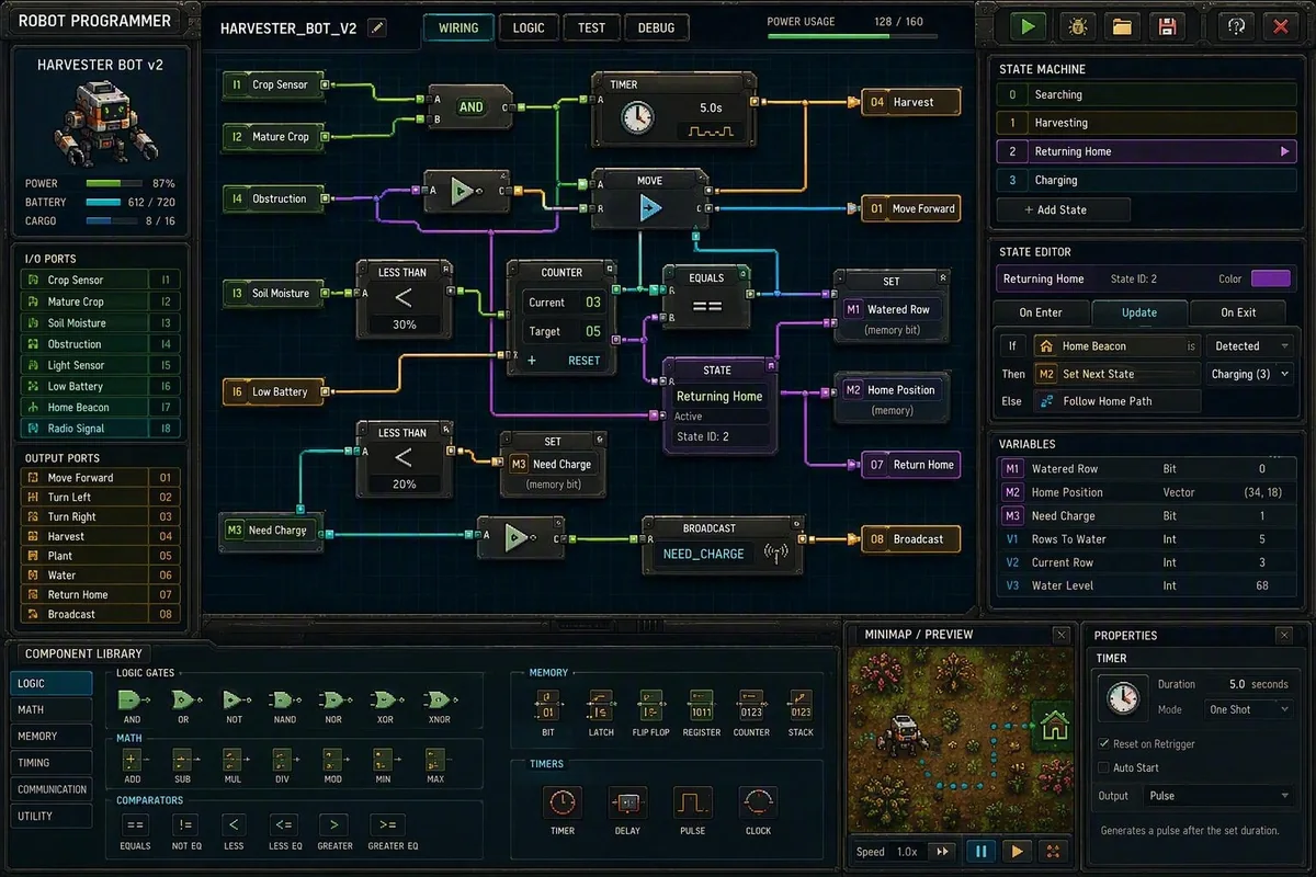 Concept art of a robot programming interface with sensors, logic gates, timers, and typed wires